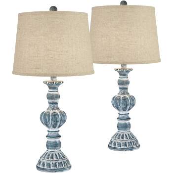 Regency Hill Tanya Country Cottage Table Lamps 26 1/2" High Set of 2 Blue Wash Burlap Linen Drum Shade for Bedroom Living Room Bedside Nightstand Home