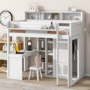 PAGED Twin Size Loft Bed with Desk Modern Simple Wooden Bed Frame with Storage Shelves, Wardrobe and Guardrail for Bedroom - 1 of 4