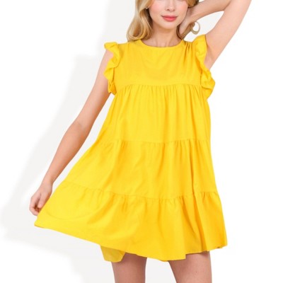 Anna-Kaci Women's Sleeveless Ruffle Trim Tiered Babydoll Dress with Flowy Fit for Casual Summer and Beach Wear- Small, Yellow