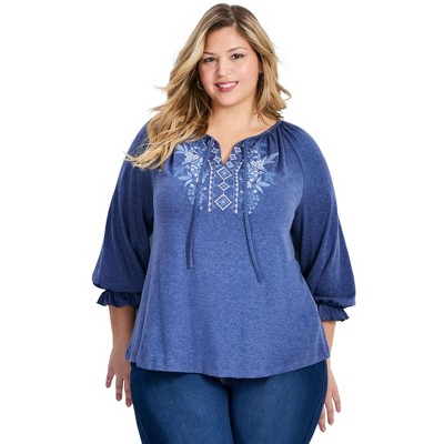 Avenue Women's Plus Size Brie Emblem Neckline 3/4 Sleeve Top