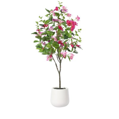 Kazeila Artificial Bougainvillea Tree with White Planter, Tall Faux Bougainvillea Trees with Red Flowers