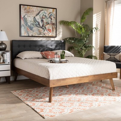 Queen Walnut Wood Platform Bed with Gray Tufted Upholstered Headboard