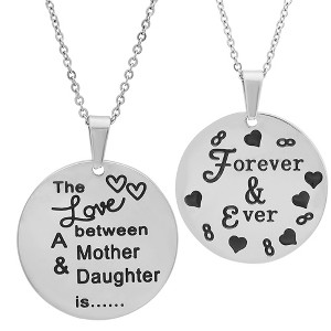 Steeltime 18" Ladies stainless steel double sided 'the love between a mother and daughter is…' circle pendant. Color Options: Silver, Gold - 1 of 3
