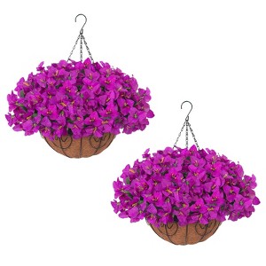 Artificial Geraniums Flowers with Brown Basket Set of 2, Artificial Hanging Flowers Plant, 12 Pcs Outdoor Flowers - 1 of 4