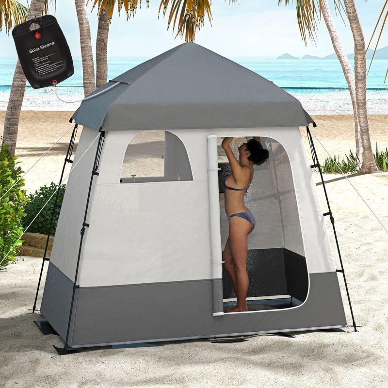 Outsunny Shower Tent Pop Up Privacy Shelter for Camping Dressing Changing Room, Portable Instant Outdoor Camping Shower Tent Enclosure w/ 2 Rooms, Shower Bag, Floor and Carrying Bag, 3 of 7