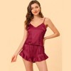cheibear Women's Satin Spaghetti Cami Tops Ruffle Trim Shorts Sleepwear Sets - 2 of 4