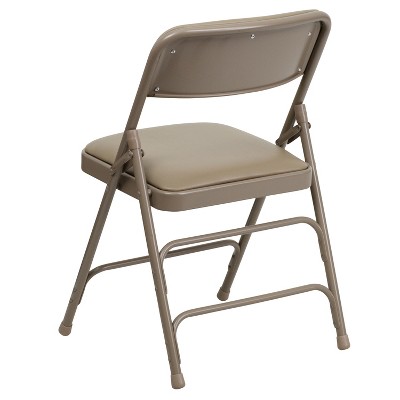 Beige Vinyl Metal Folding Chair with Padded Seat and Triple Braced Frame