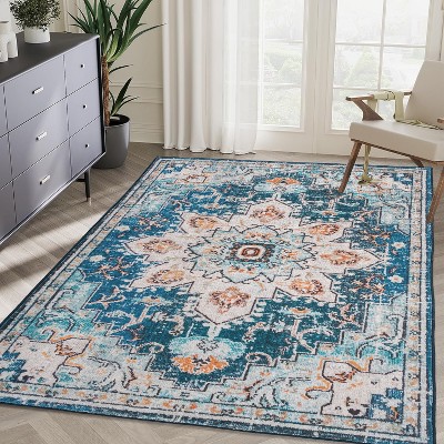 Area Rug Vintage Bohemia Large Persian Non-slip Washable Rug For Living Room Kitchen Bedroom Living Room Flower Design Blue/Beige