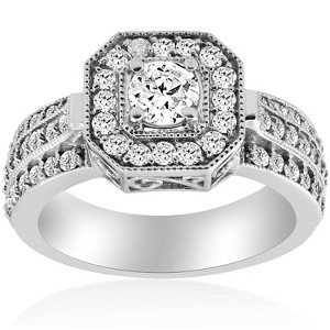 Pompeii3 1ct Vintage Diamond Engagement Ring 14K White Gold Halo Round Cut - 1 of 4