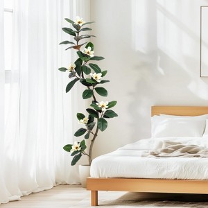 Artificial Rubber Tree with Magnolia Flowers, Faux Trees Indoor with White Pot, Faux Floor Plant for Living Room, Home Office Decor - 1 of 4