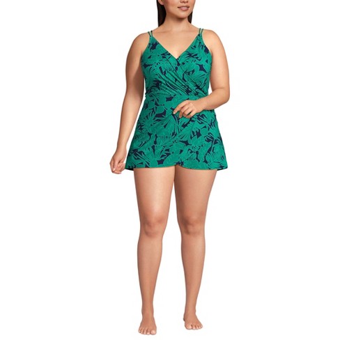 Lands' End Women's Tulip Wrap Mini Swim Dress One Piece Swimsuit - X-small  - Navy/emerald Palm Foliage : Target