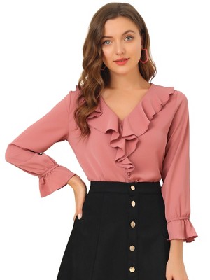 INSPIRE CHIC Women's Office Work Ruffle V Neck Long Sleeve Chiffon Peasant Blouse
