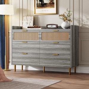 6 Drawer Dresser with Railed Edge, Mid Century Modern Gold Closet TV Stand with High Legs, Rattan Design Large Storage Organizer for Bedroom Living - 1 of 4