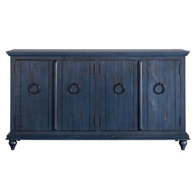 Rustic Blue 65" Solid Pine Wood TV Stand with Cabinet