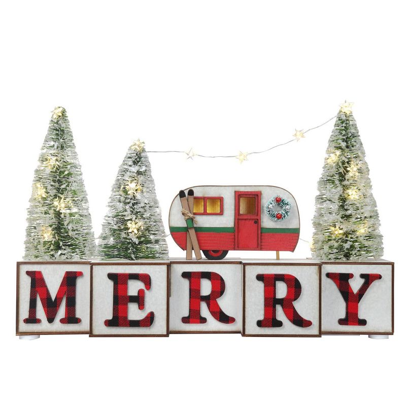 Haute D&#233;cor 9.5&#34; Lit Battery Operated &#39;Merry&#39; with Camper Christmas Wood Blocks Sign, 1 of 4