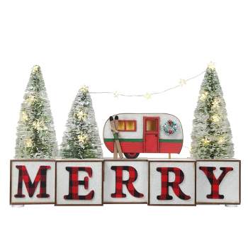 Haute Décor 9.5" Lit Battery Operated 'Merry' with Camper Christmas Wood Blocks Sign