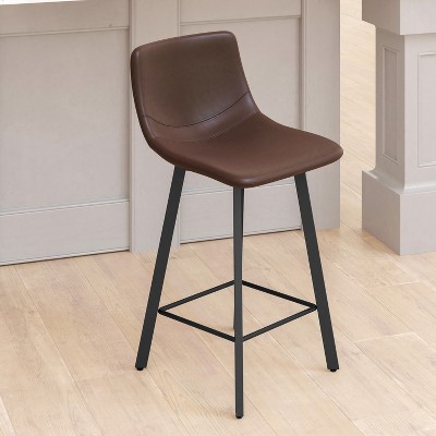 Set of Two Chocolate Brown Faux Leather Upholstered Counter Stools with Matte Black Metal Frames