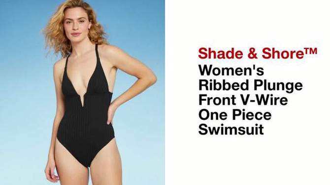 Women's Ribbed Plunge Front V-Wire One Piece Swimsuit - Shade & Shore™ Dark Green, 2 of 14, play video