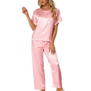 cheibear Women's Satin Summer Short Sleeves Sleepshirt with Pants Lounge Pajamas Sets - 1 of 4