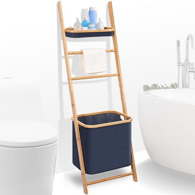 Bamboo Leaning Shelf with Storage Hamper, Stylish Design + Open Storage, Ideal for Organizing Spaces