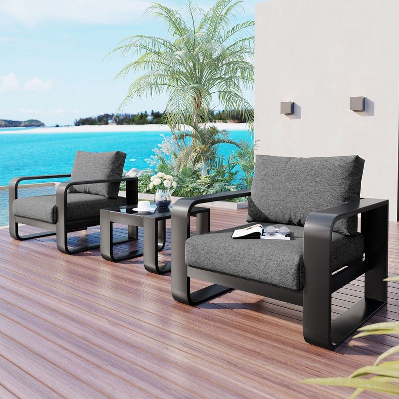3PCS Outdoor Patio Conversation Set with Coffee Table and Two Chairs with 6.7" Thick Cushions, Gray, 4A -ModernLuxe, 1 of 14
