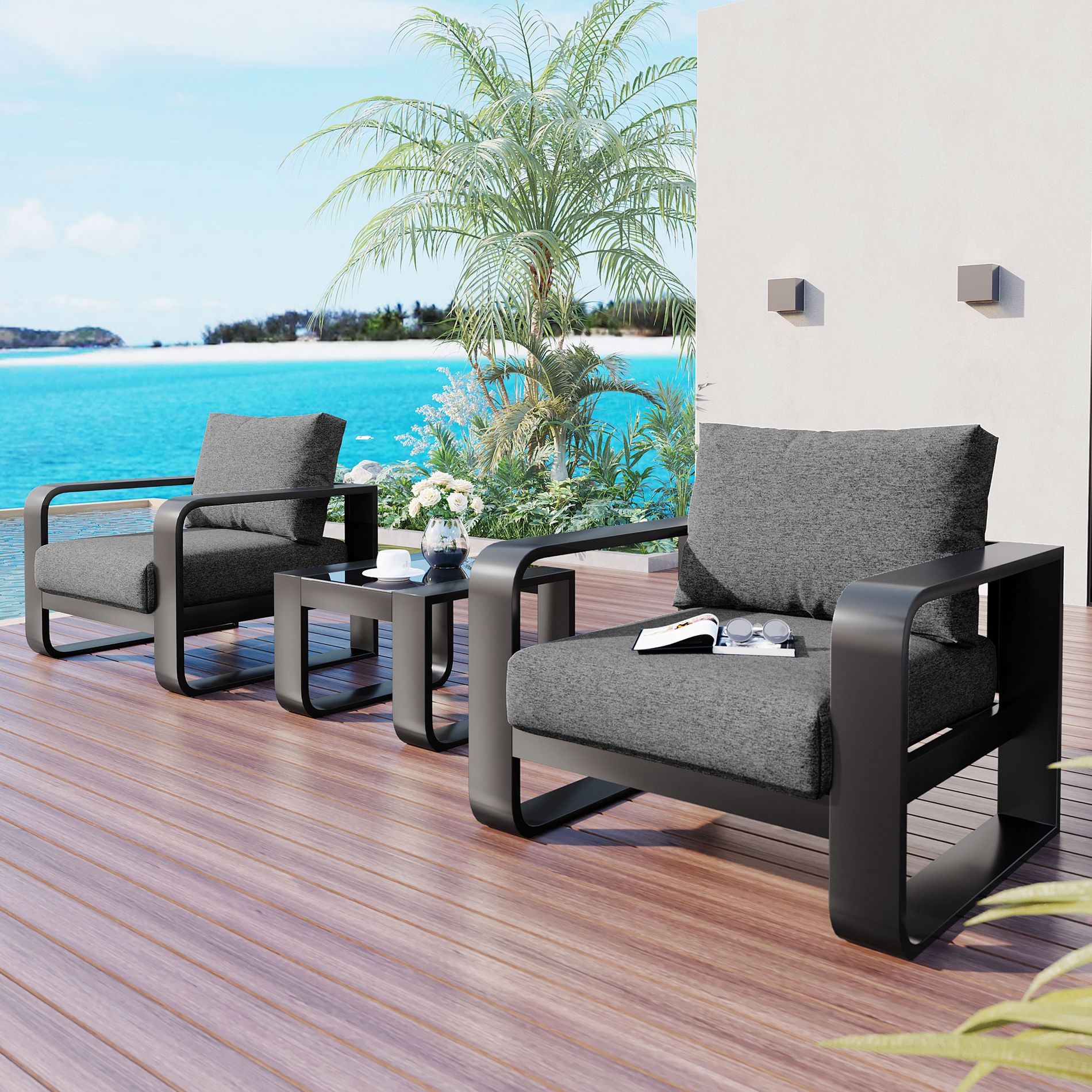 3PCS Outdoor Patio Conversation Set with Coffee Table and Two Chairs with 6.7" Thick Cushions, Gray -ModernLuxe