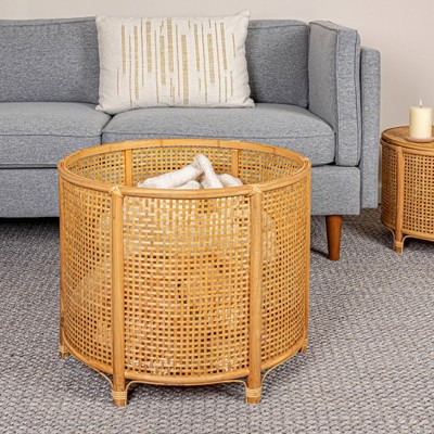 Natural Bamboo and Rattan Round Accent Table with Storage