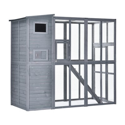 PawHut Large Wooden Outdoor Cat House with Large Run for Play Catio for Lounging and Condo Area for Sleeping Grey