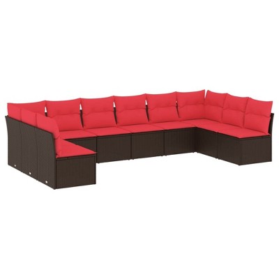 vidaXL 10 Piece Patio Sofa Set with Cushions - Brown and Red Without Table