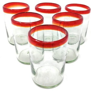 Dos Sueños Mexican Hand Blown  Drinking Glasses - Red Rim - 14oz - Set of 6 - 1 of 4