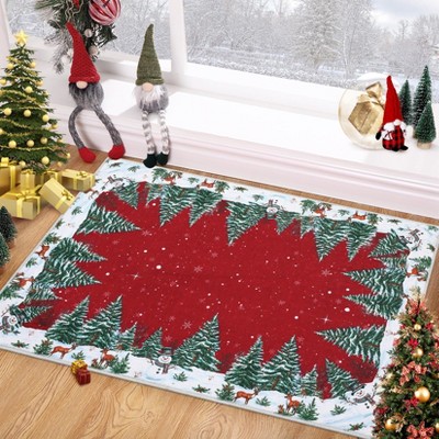 Christmas Area Rug Red Snowman Tree Indoor Rug Winter Home Decor Low Pile Soft Vintage Rug for Dining Room