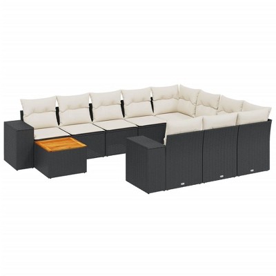 vidaXL 11 Piece Patio Sofa Set with Cushions Black Poly Rattan - Black and Cream Table + 6x Middle + 2x Corner