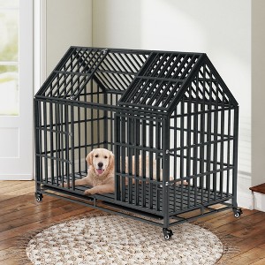 Kumasinova 52" Heavy Duty Dog Crate with Roof,Metal/Carbon Steel Dog Kennel Indoor&Outdoor,Dog Cage with Wheels&Tray,Dog Crates for Large Dogs,Black - 1 of 4