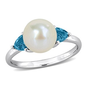 EVERLY JEWELRY | 10K White Gold 8-8.5 mm Cultured Freshwater Pearl and 5/8 ct TGW London Blue Topaz Ring - 1 of 4
