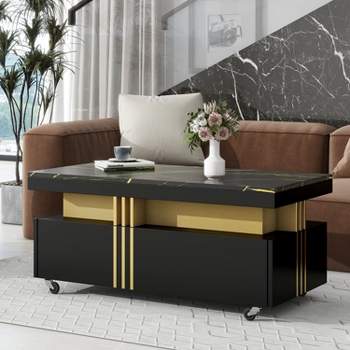 Contemporary Design Rectangle Coffee Table with Faux Marble Top, Cocktail Table with Caster Wheels - The Pop Home
