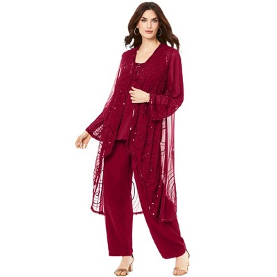 Roaman's Women's Plus Size Three-Piece Beaded Pant Suit - 36 W, Red