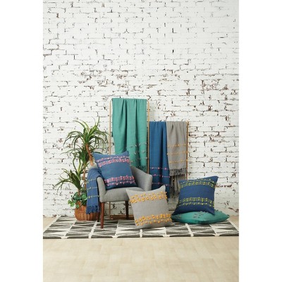 Ochre and Gray Cotton Throw Blanket with Tufts