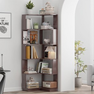 CIPACHO Dark Red 6 Tier L-Shaped Corner Bookcase - Wooden Open Shelf with Anti-Drop & Anti-Tipping (Multi-Room Home Office) - 1 of 4
