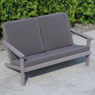 Gray Poly Resin Wood Adirondack Style Patio Loveseat with Cushions