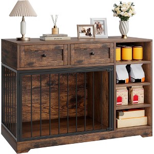Dog Crate, Wooden Dog Kennel End Table with 2 Drawers and 4 Open Storage Shelves, Removable Bowls - 1 of 4