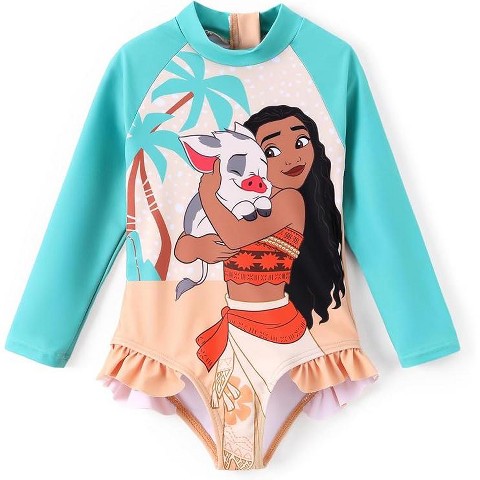 Disney Princess Kids Colorblock Summer One Piece Rash Guards Moana Green 6-7