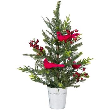 Northlight Pre-Lit LED Mixed Pine Potted Christmas Tree with Berries and Cardinals - 2' - Warm White Lights