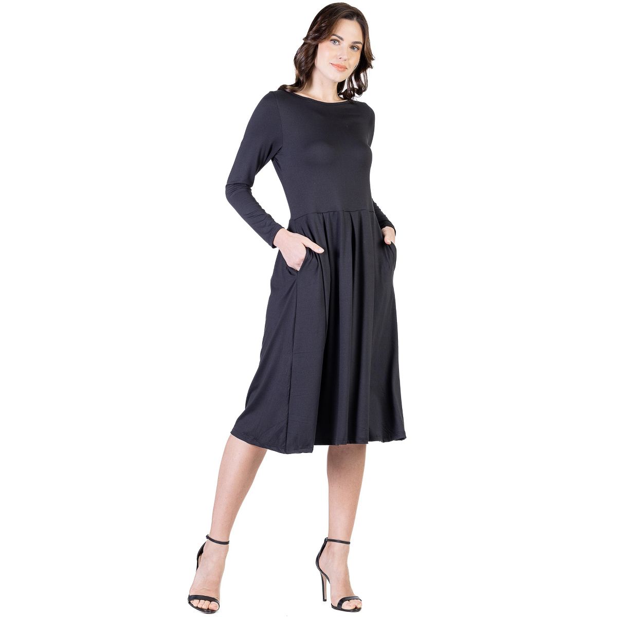 Womens Round Neck Long Sleeve Pleated Fit N Flare Pocket Midi Dress - 24seven Comfort Apparel™ - thumbnail 8