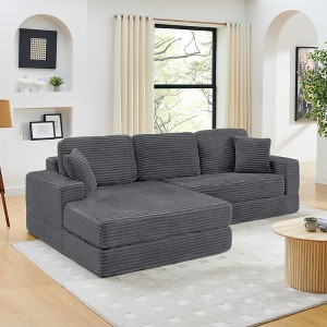 112.6" Modern Corduroy L-Shape Modular Floor Sectional Sofa with Left Arm Chaise Lounge, Convertible into a Queen Bed - 1 of 4