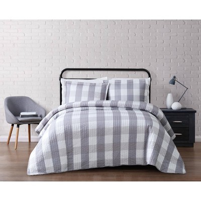 Truly Soft Everyday Twin Extra Long Buffalo Plaid Quilt Set Gray/White