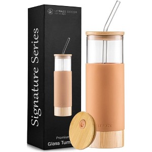 Le'raze 20oz Glass Water Bottle Tumbler Cup with Glass Straw, Bamboo Lid & Base + Protective Silicone Sleeve - BPA Free - Amber - 1 of 4