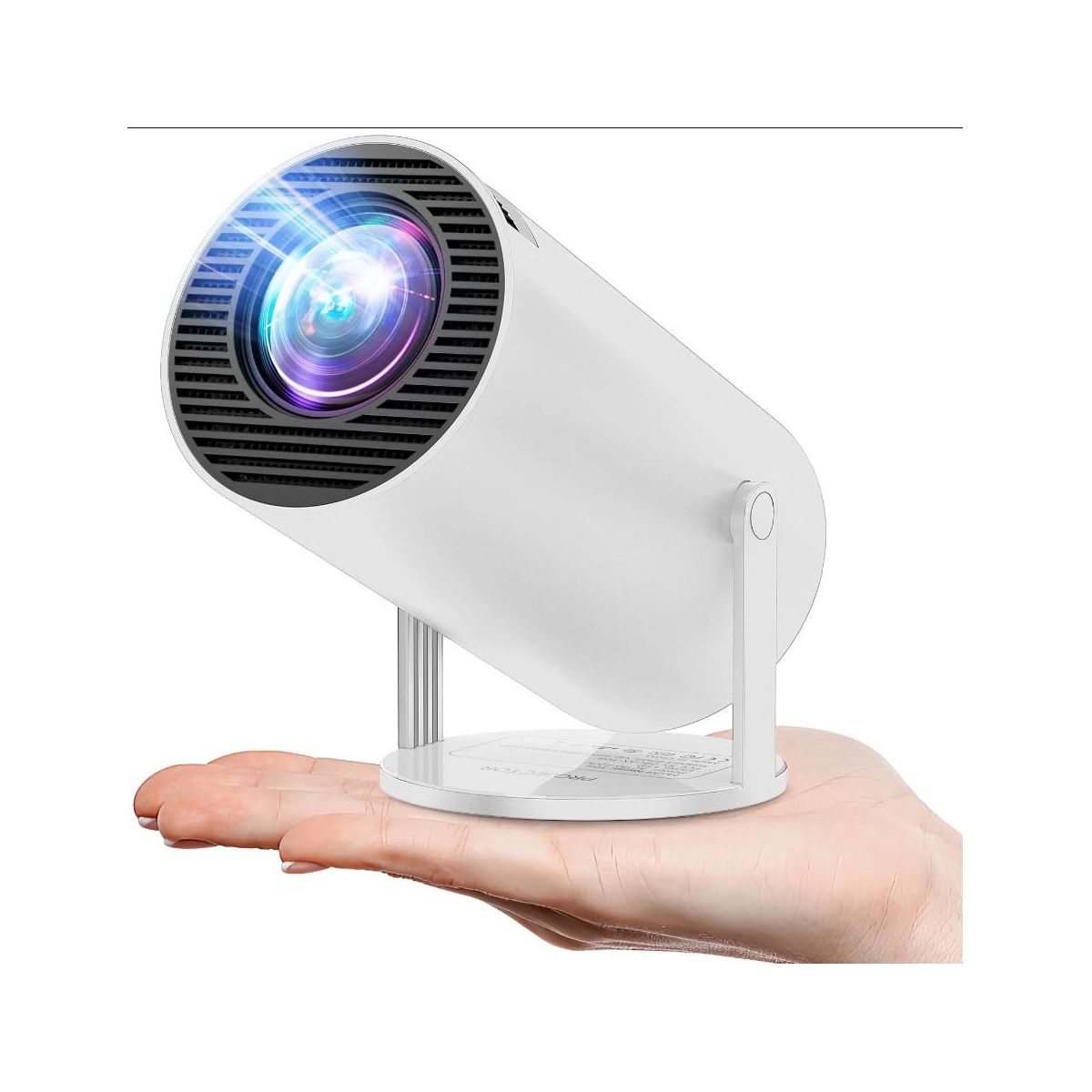 A person holding a white mini projector in the palm of their hand