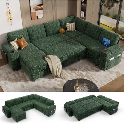Vipbear 110" Modular Sectional Sleeper Sofa with Pull Out Bed, 7 Seat Chenille L Shaped Couch with Reclining Backrest|USB Ports Tool Free Assembly
