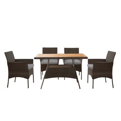 Teamson Home Outdoor 5-Piece PE Rattan & Acacia Wood Dining Set, Brown