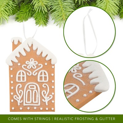 Set of 12 Light Brown and White Porcelain Gingerbread House Ornaments